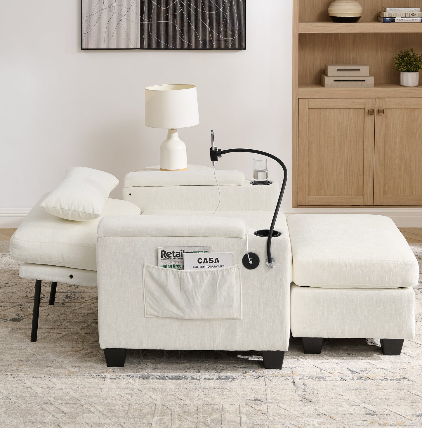 Single Sofa Recliner With Manually Adjustable Backrest, USB Charging Port On The Armrest Side, Phone Stand Included, Hidden Armrest Storage, And A Matching Storage Ottoman-Beige