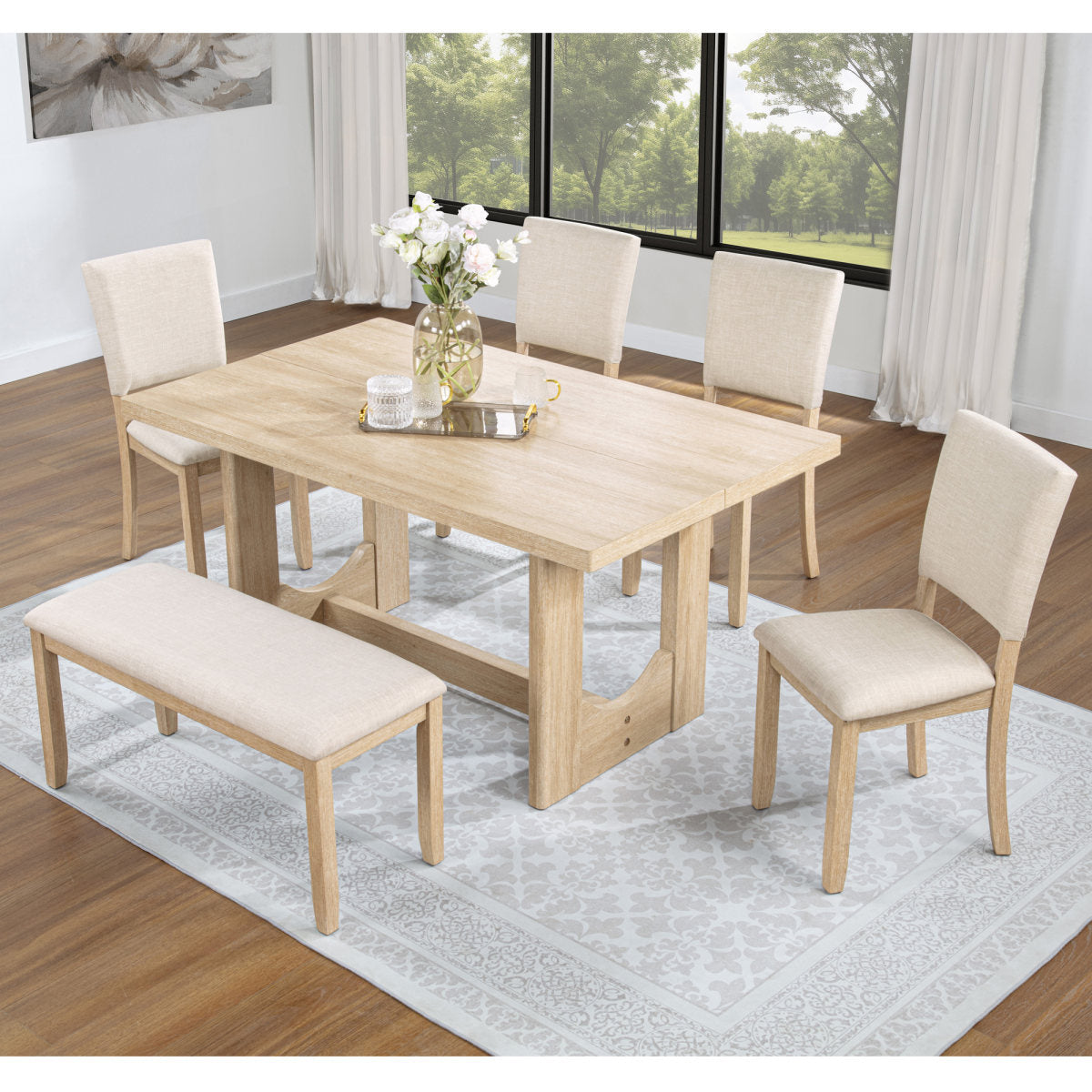 6 Piece Dining Table Set with Bench, Wooden Rectangular Kitchen Table Set with Bench and 4 Upholstered Chairs for Living Room, Kitchen, Dining Room, U-shaped base, Light Oak & Beige