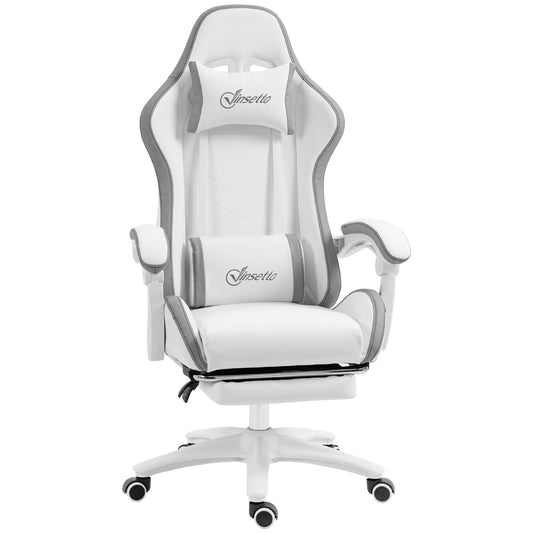 Vinsetto Computer Gaming Chair, PU Leather Desk Chair With Footrest, Swivel Task Chair With 135° Reclining Back And Lumbar Support, PC Chair For Adults, White And Grey