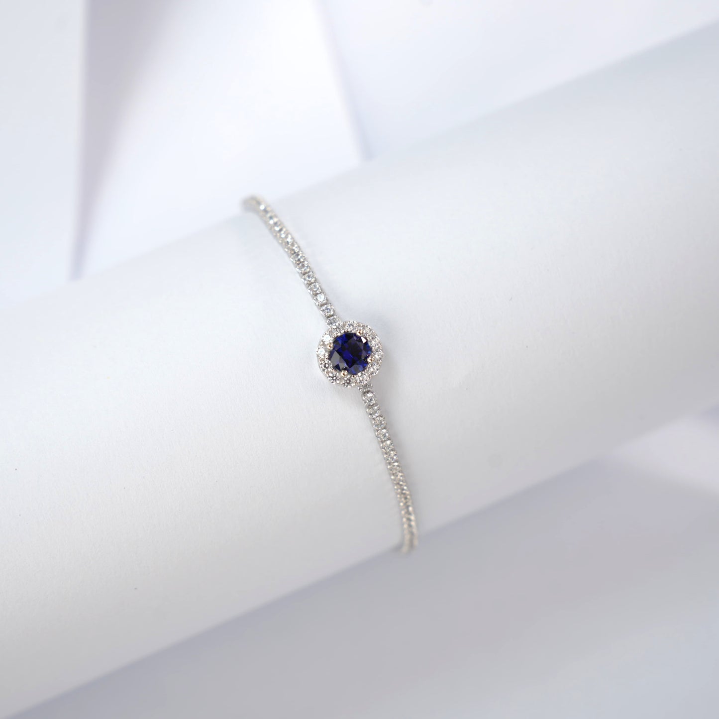S925 Sterling Silver Tennis Bracelet, 6.5mm Lab-Grown Ruby Sapphire Emerald Halo Adjustable Chain, Platinum Plated 3.5g Women's Jewelry Gift Box
