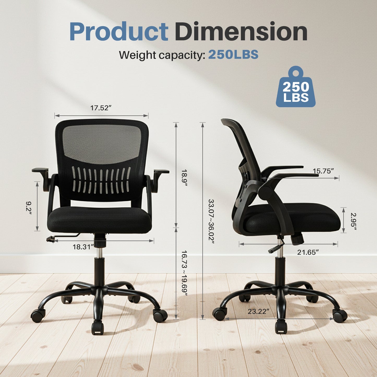 The Flip-up Armrest Fabric Computer Desk Chair With Adjustable Rotating Backrest Offers Comfortable Lumbar Support.