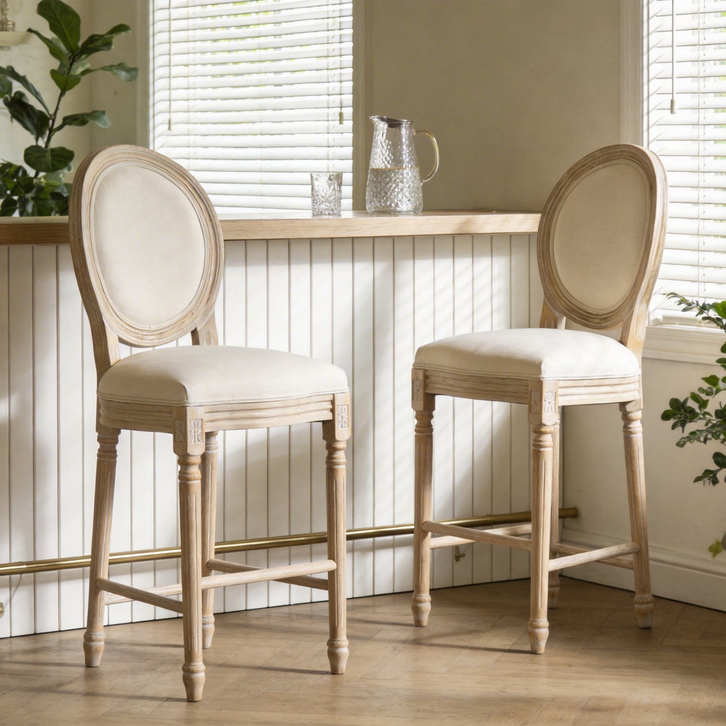 French Country 26  Height Bar Chairs Set Of 2, Upholstered  Chairs With  Round Back, Wire Drawing And Carving Techniques ,Disassemblable ,  For Living Room, Kitchen , Restaurant Use, Beige
