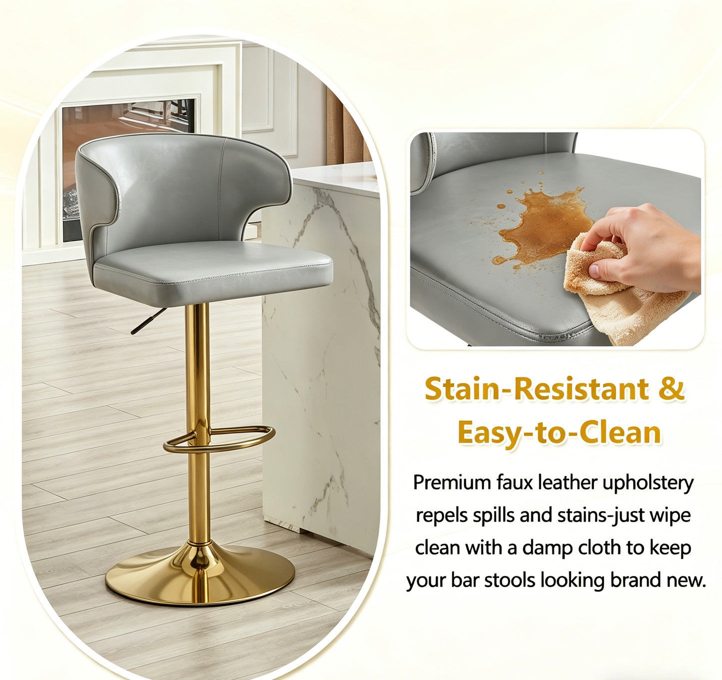 Modern Rotating Adjustable Bar Chair, PU Leather Belt Backrest Swivel Chair, Suitable For Kitchen Bar Counter And Dining Room, Adjustable Height, Capable Of Bearing 300 Pounds  Grey -2 Pieces