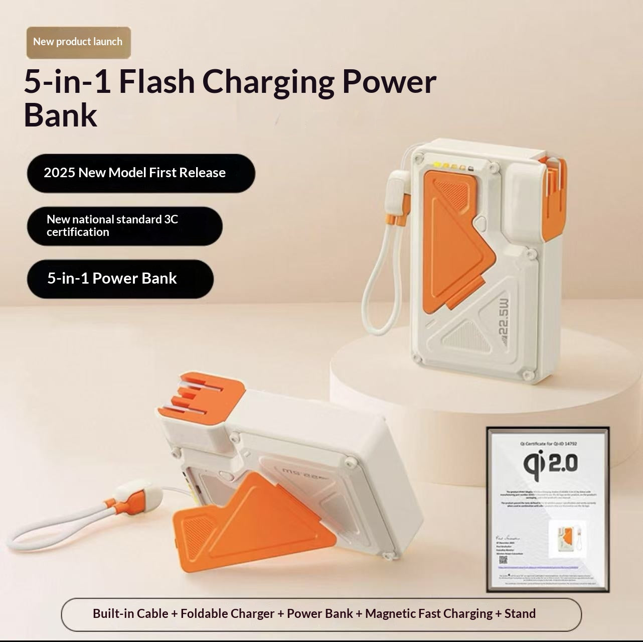 35W Fast-Charging Power Bank With Built-in Cable And Magnetic Attachment For Mobile Devices