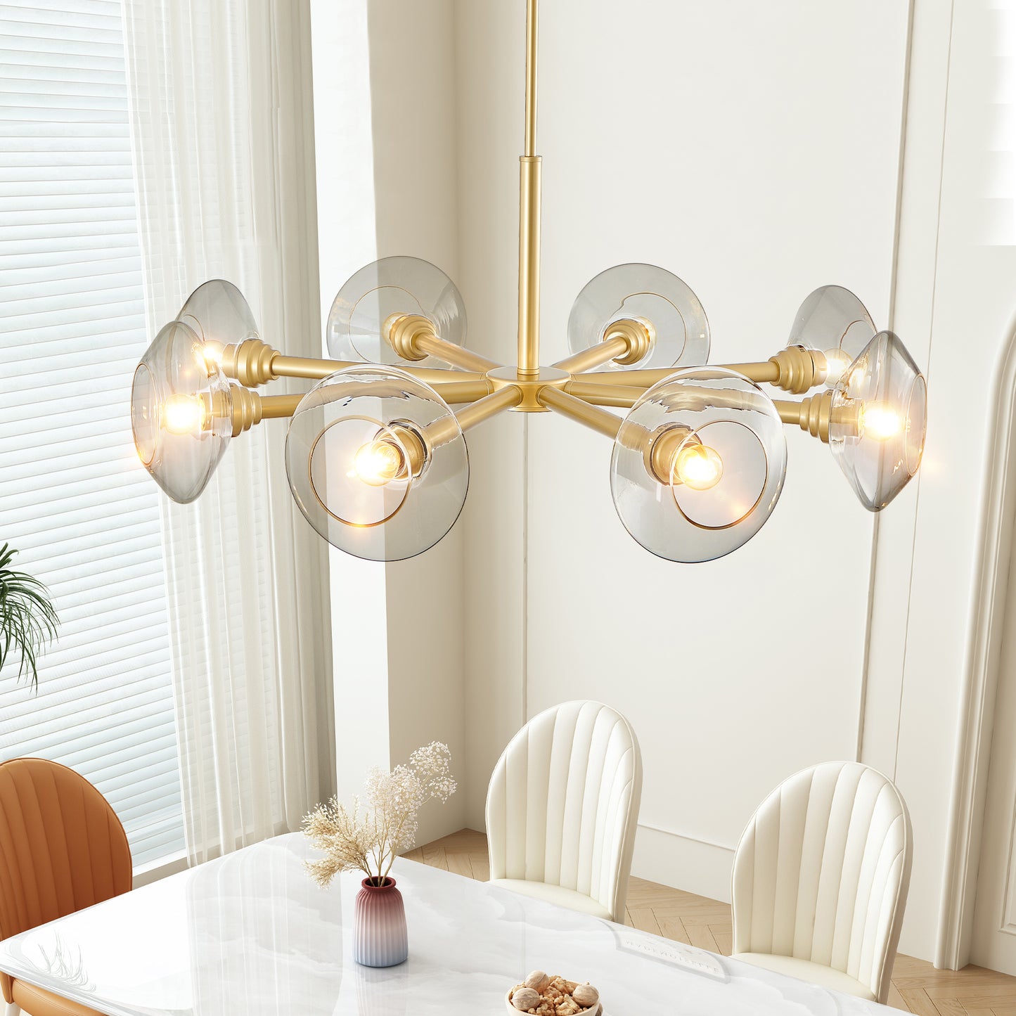 36  Modern Gold 8-Light Sputnik Chandelier With Clear Glass Shades, Mid-Century Hanging Pendant Light Fixture For Dining Room, Living Room, Or Kitchen Bulb Not Included