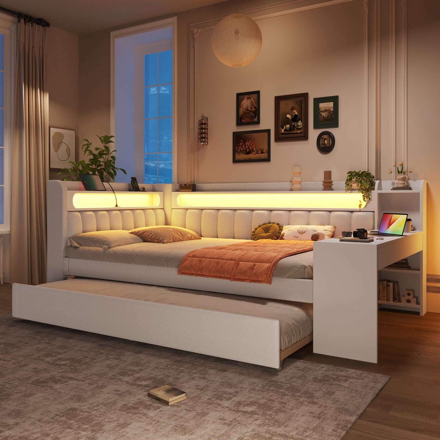 Padded 140x200 Daybed With USB Ports And LED Belt, With Trundle Bed And Desk, White
