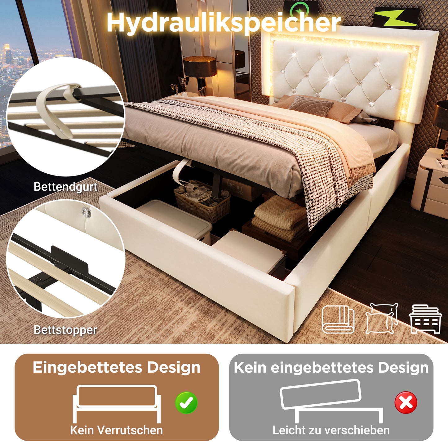 Upholstered Bed 90x200 Cm Velvet Single Bed With LED Diamond Band In The Headboard, USB & Type-C Charging Station, Hydraulic Bed Base With Storage Space, Modern Youth Bed With Slatted Frame, Beige
