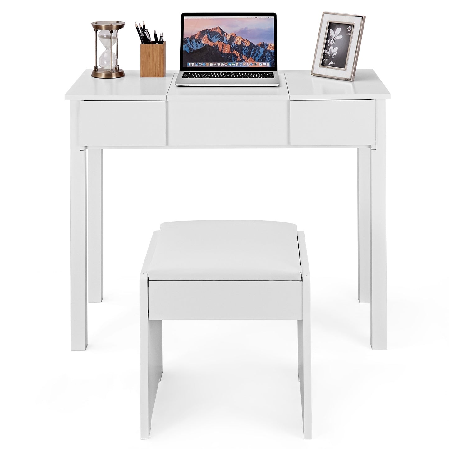 Vanity Makeup Dressing Table Set With Flip Top Mirror And Cushioned Stool-White