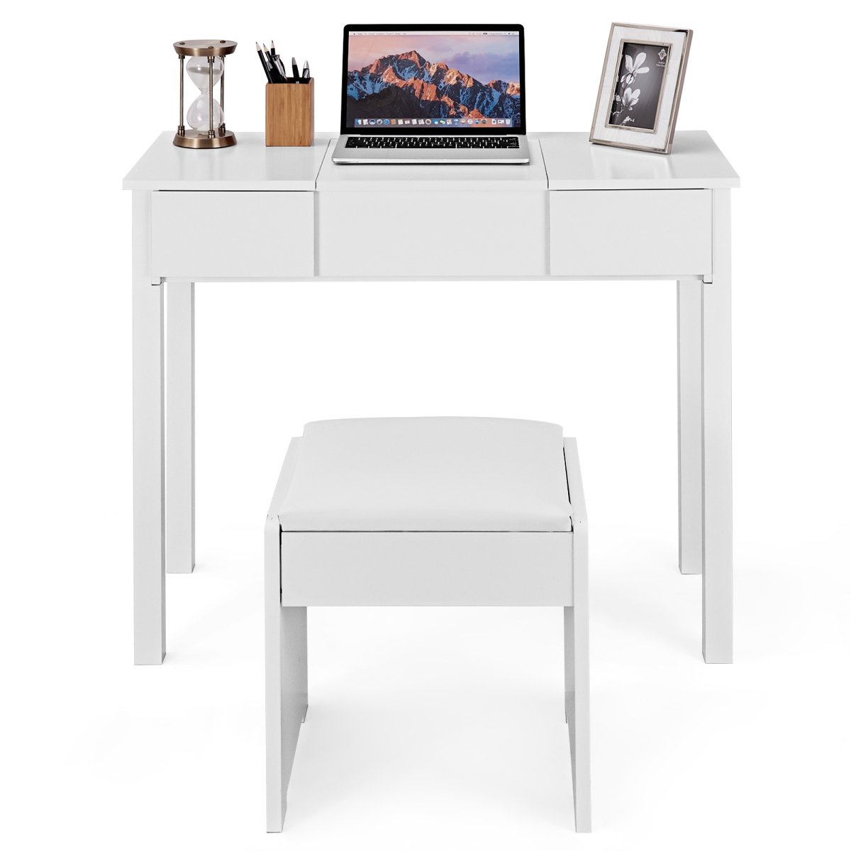 Vanity Makeup Dressing Table Set With Flip Top Mirror And Cushioned Stool-White