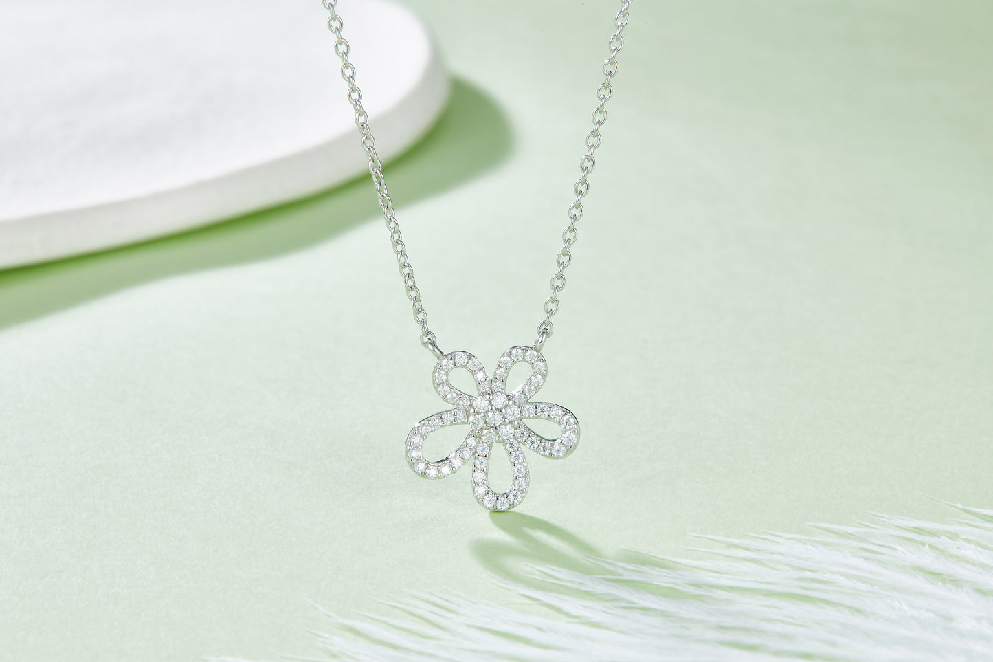 S925 Sterling Silver Dainty Flower Necklace, 49 D-VVS1 Moissanite Pave, Platinum Plated 1.1g With GRA Certificate & Gift Box