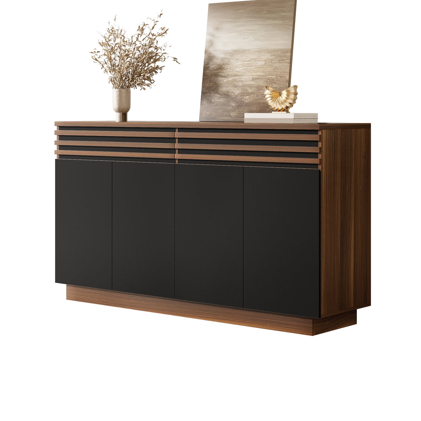 Modern Sideboard 150 X 40 X 85 Cm In Brown Wood Look With Black Doors, 2 Drawers & 4 Doors  Plenty Of Storage Space, Stylish Design For Living Room, Dining Room & Kitchen.  OLD SKU GL3356N