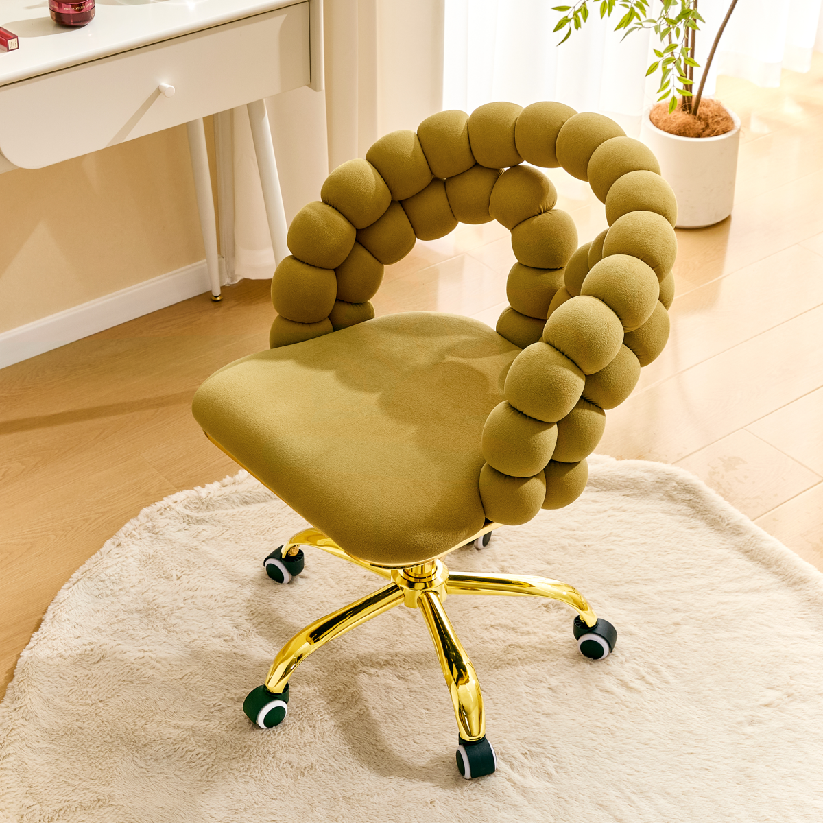 Modern Velvet Adjustable Swivel Desk Chair With Bubble Back, Upholstered Vanity Chair With Gold Metal Base, Rolling Office Chair For Home Office, Bedroom, Makeup Room, Mustard Yellow  Set Of 1