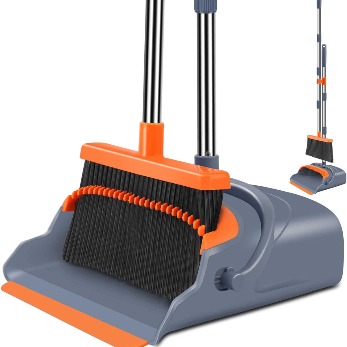 Upgrade Broom And Dustpan Set, Self-Cleaning With Dustpan Teeth, Indoor&Outdoor Sweeping, Ideal For Dog Cat Pets Home Use, Stand Up Broom And Dustpan Gray&Orange