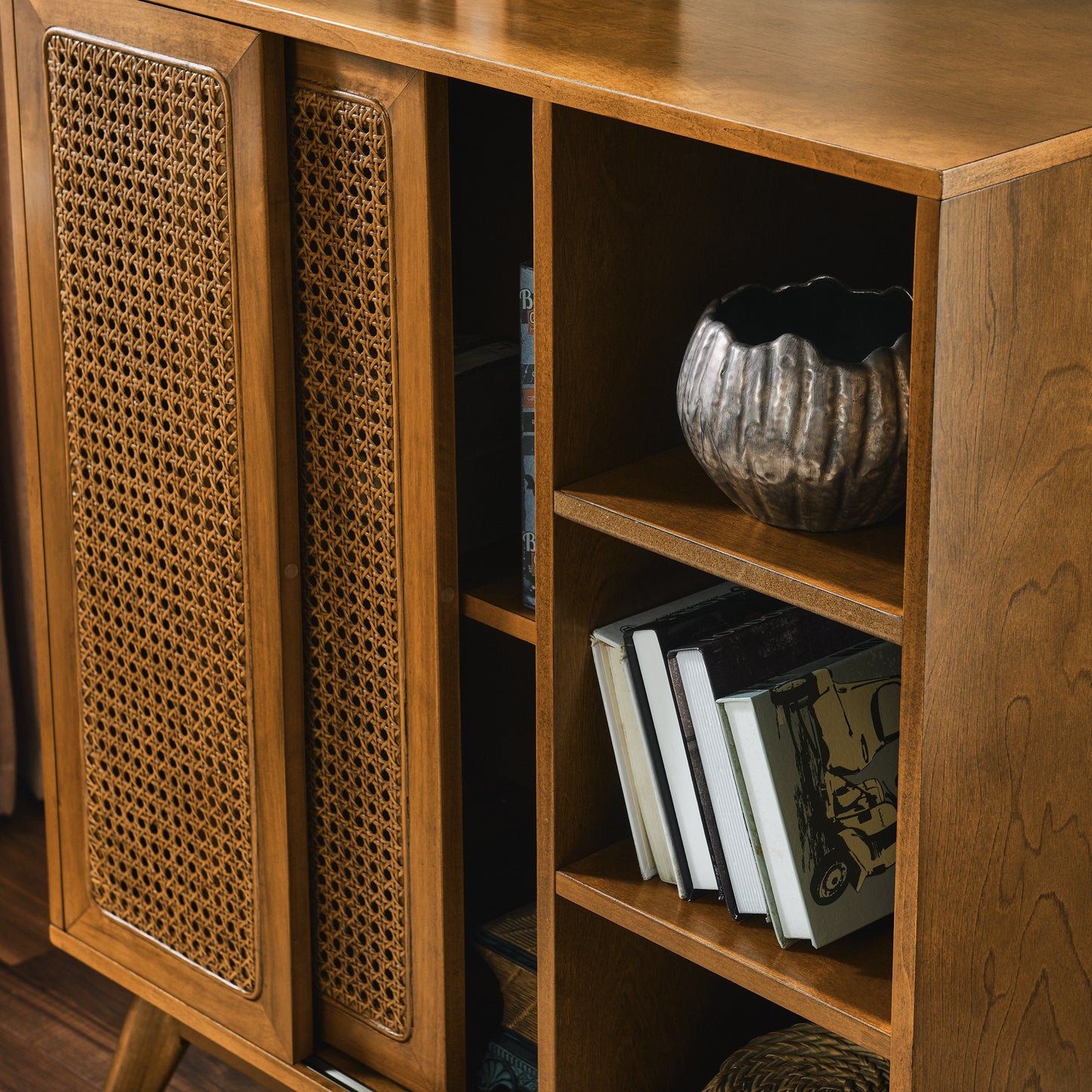 Mid Century Modern Rattan Sideboard Cabinet, Buffet Cabinet For Entryway Hallway Living Room Kitchen Dining Room, Adjustable Shelf & Solid Wood Feet & Rattan Cabinet Doors - Light Wood