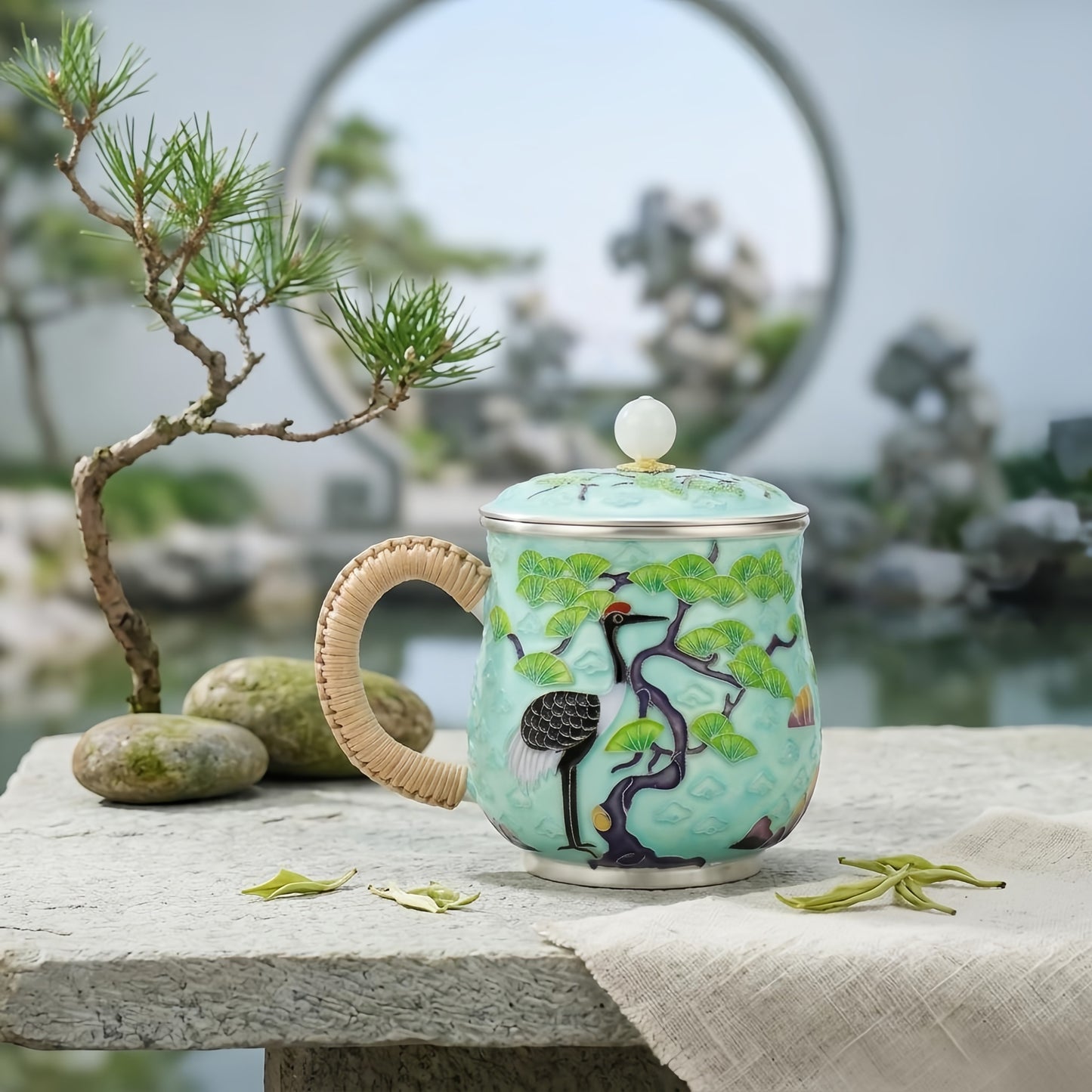 Pure 999 Fine Silver Ornate Cloisonné Crane Tea Mug with Woven Handle and Pearl Lid - Handicraft