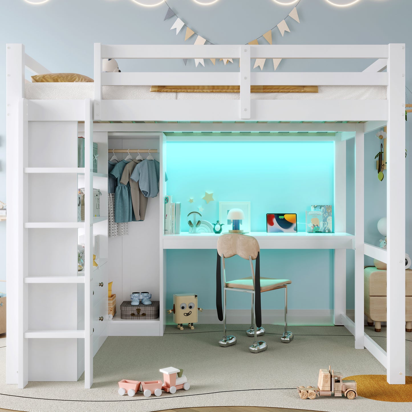 Loft Bed 140x200 With 2 Drawers And Shelves, Underbed Desk, LED Light And USB, White