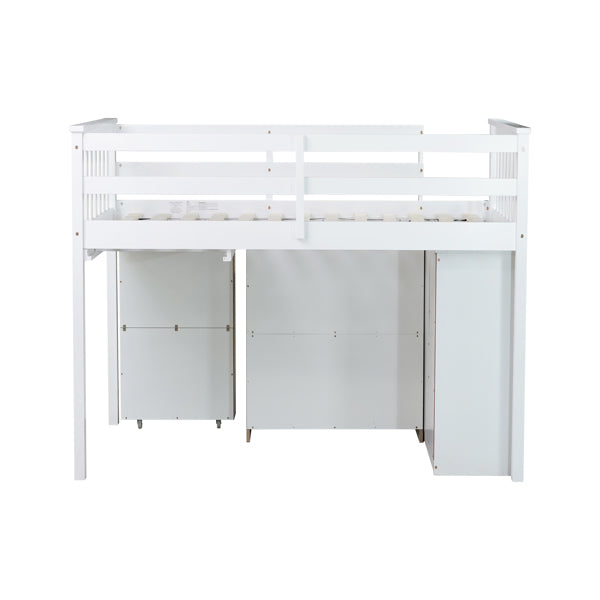 Twin Loft Bed With Storage Cabinet, Drawer And Shelf Cabinet And Pulling-Out Desk, Rubber Wood Loft Bed With Safety Guardrail, Ladder,White