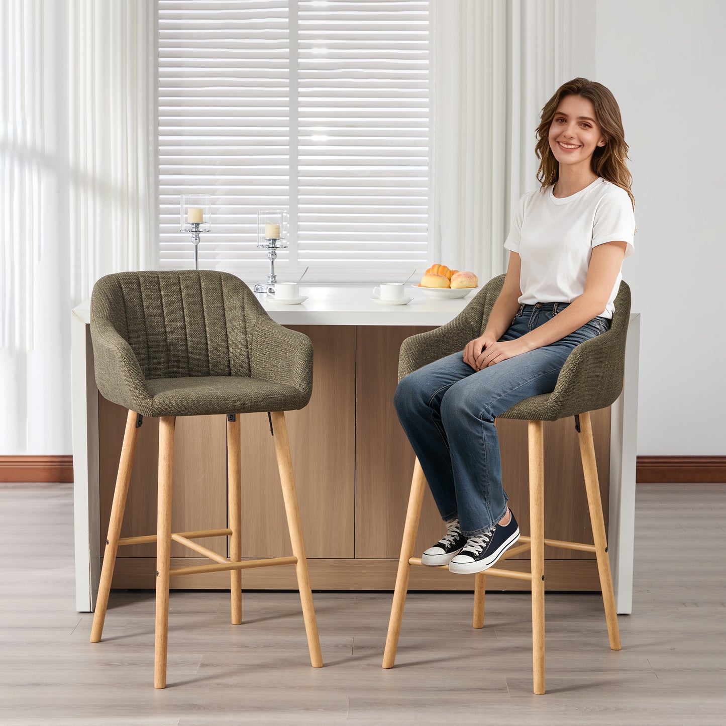 Modern Bar Stools Set Of 2, Kitchen Island Tall Chairs With Back, Arm, Footrest And Solid Wood Leg, Linen Fabric Upholstered Bar Stools