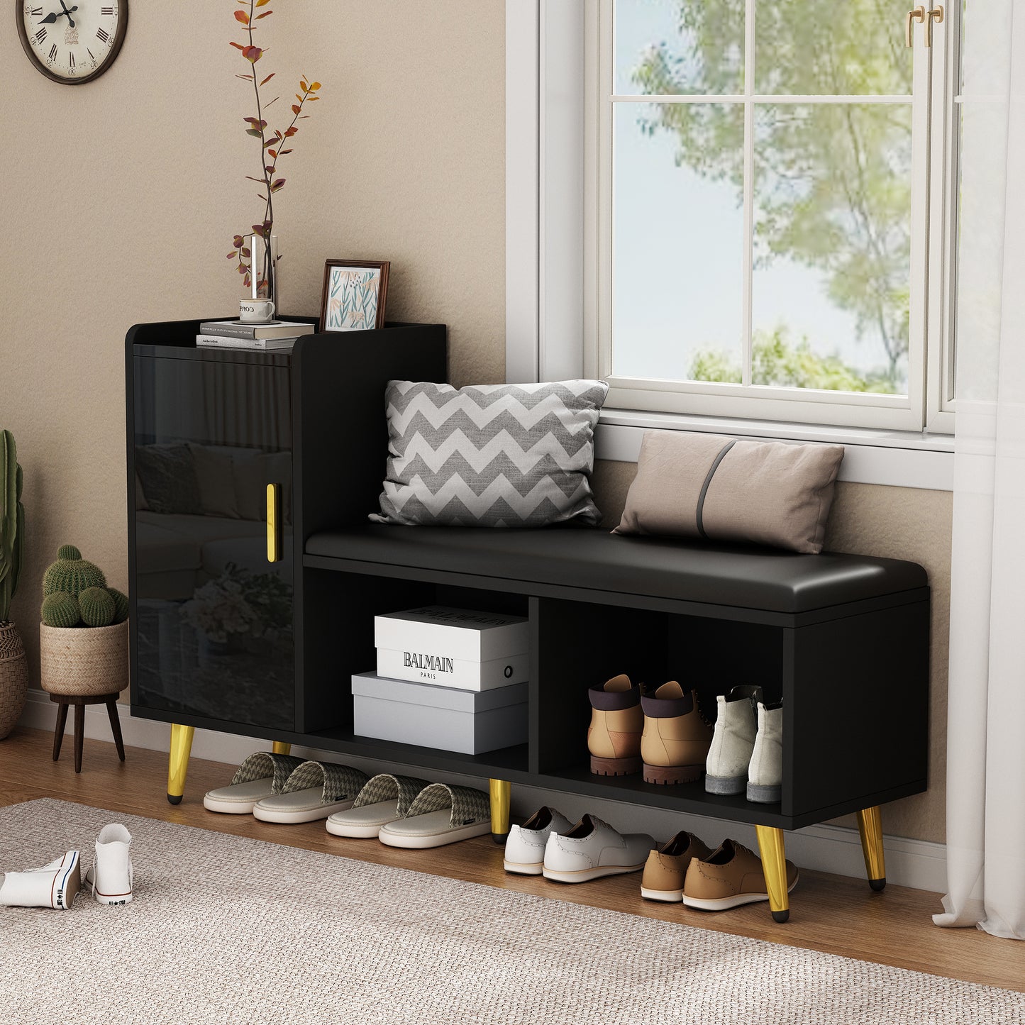N625P235824B  Black High-gloss Cabinet Door With Storage Entrance Shoe Cabinet, Multi-level Shelf With Upholstered Seat, Shoe Changing Bench With Cabinet Gold Accessories For Entrance, Hallway, Bedr