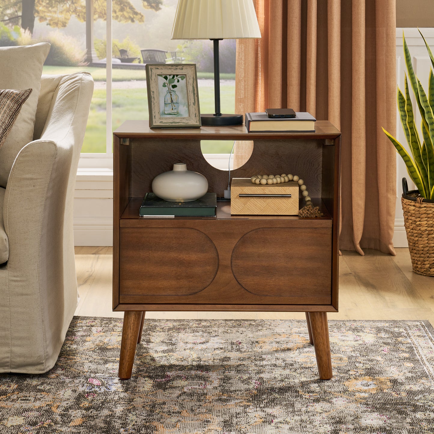 Mid Century Modern Fluted Nightstand With Charging Station USB Ports & Outlet Hole & 4 Solid Wood Legs, Farmhouse End Table With Open Space And Drawer Dresser, Walnut