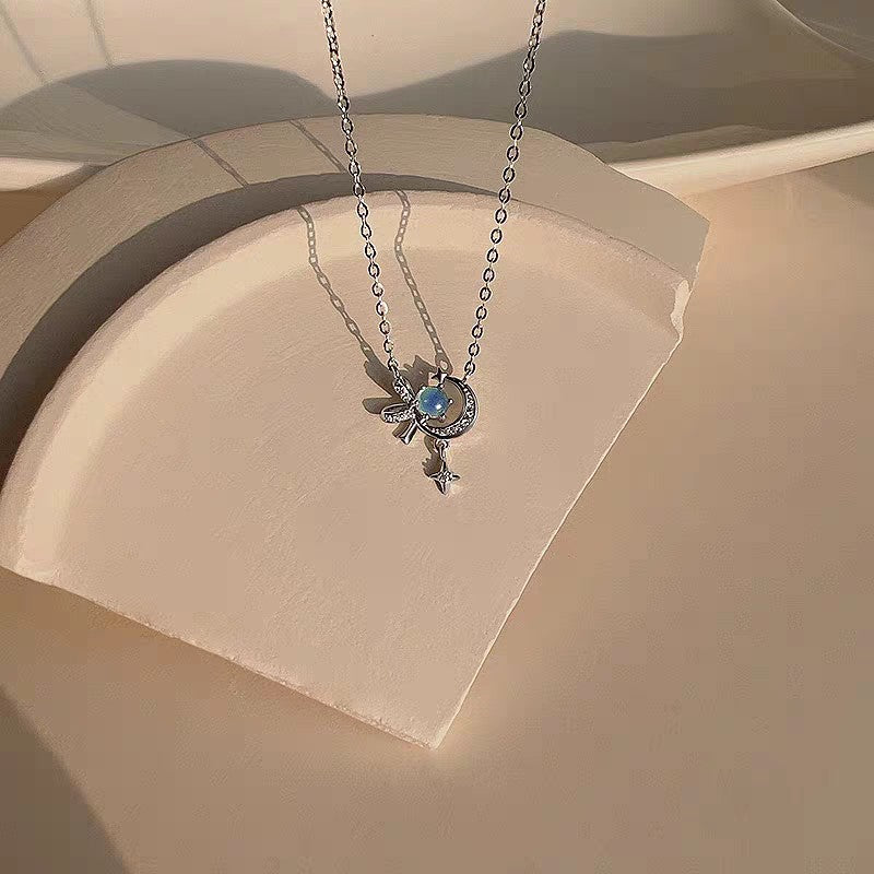 1pc 999 Sterling Silver Diamond Moon Star Bow Pendant Necklace, Delicate Sweet Style, Perfect For Daily Wear & Valentine's Gifts