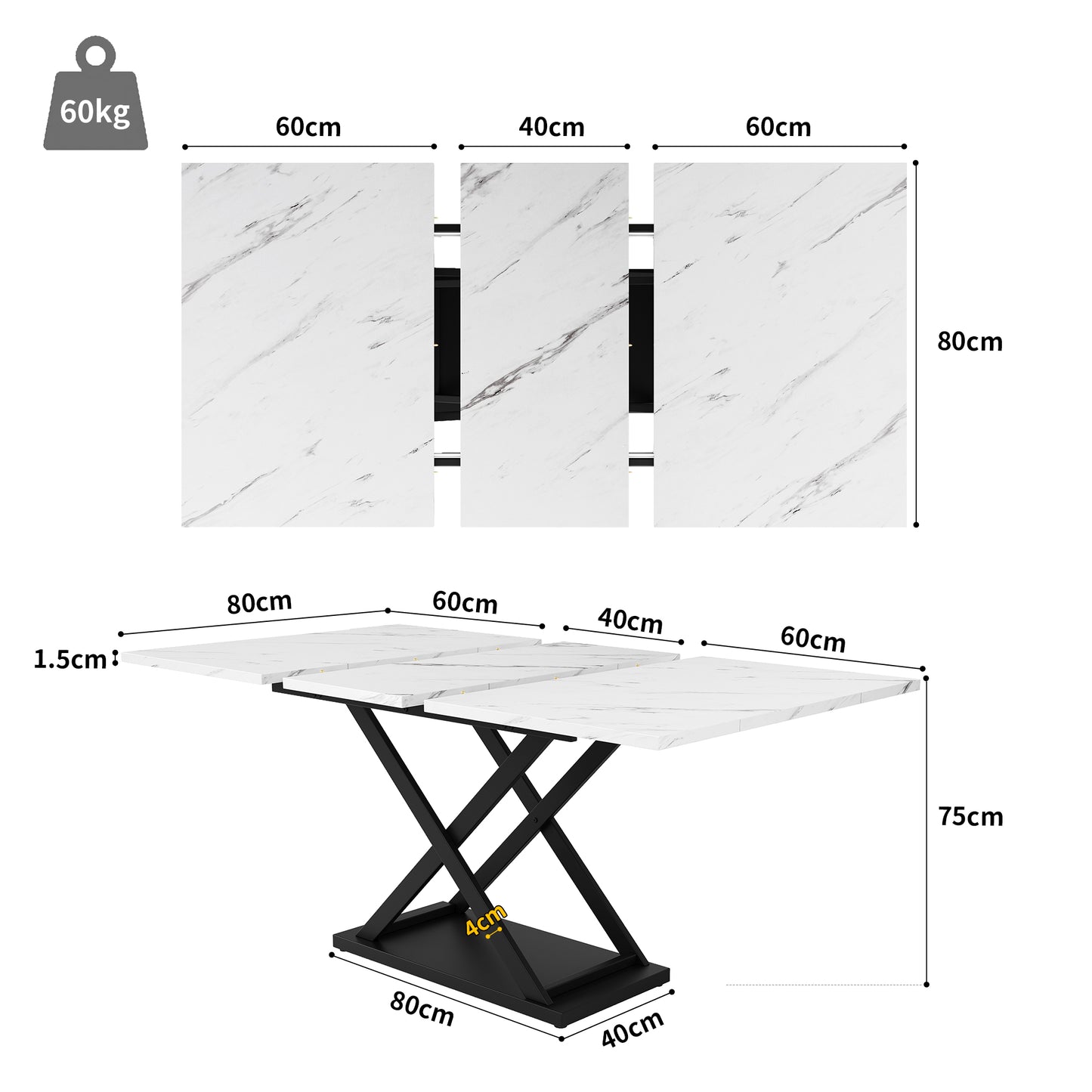 Telescopic Dining Table  120-160x80cm  ,Extendable Dining Table ,Space Saving Kitchen Table,Black Crossed Iron Legs,For Kitchen And Living Room,White Marbled Dining Table