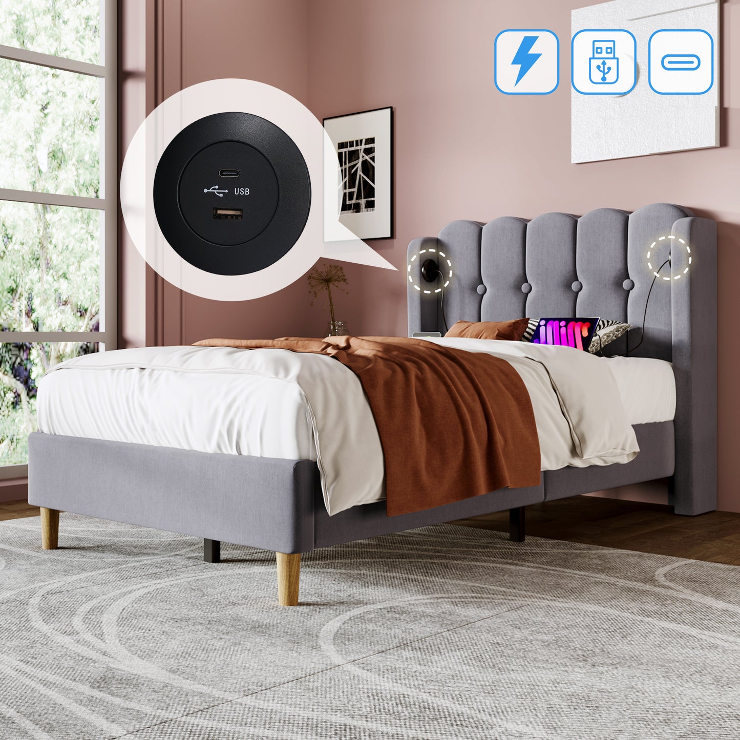 Upholstered Single Bed With USB And Type-C Charging, Bed Frame With Wooden Slatted Frame, Teenager Bed For Bedroom & Guest Room, 3ft 90 X 190 Cm Bed Frame, Grey, Linen Material
