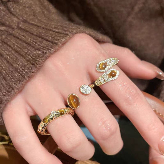 New Vintage Maillard Style Gold Tone Tiger's Eye Ring For Women, Light Luxury Premium Index Finger Band, Versatile Stackable Summer Finger Jewelry