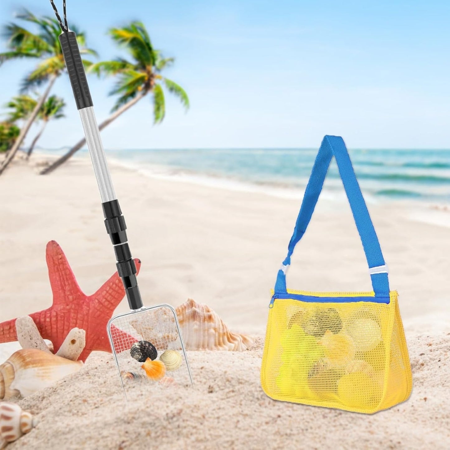 3-Piece Beach Party Accessories: Beach And Pool Party Supplies, —Metal Beach Net Shovel (Large) With Sand Bag, Shark Tooth Sieve, And Sand Shovel For Collecting Seashells On The Beach