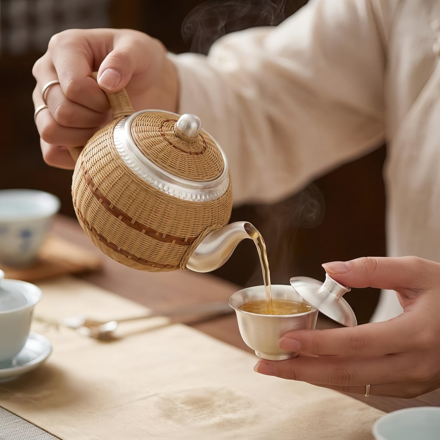 925 Sterling Silver Handcrafted Silver and Woven Rattan Teapot for Elegant Tea Service - Handicraft