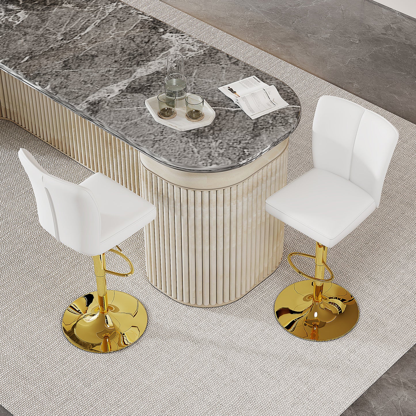 Height-adjustable Bar Stool In A Set Of 2, Can Be Rotated 360 . Luxurious Bar Stool In White And Gold Design Made Of Water-repellent PU Leather, Suitable For Kitchen Islands. Various Colors Available.
