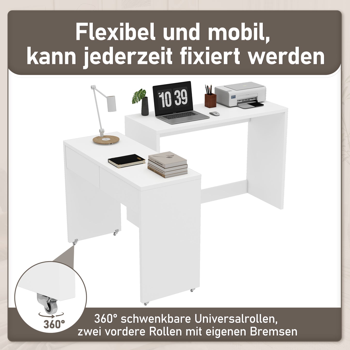 Shelf Desk  Chest Of Drawers 2-in-1 Compact Desk, Extendable, The Entire Table Is Made Of 1.8 Cm Thick Wood, Equipped With Castors, Can Be Flexibly Combined, Foldable Desk