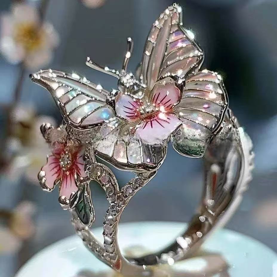 New Fashion Jewelry For Amazon, Exquisite Rhinestone Enamel Butterfly Flower Ring, Colorful Adjustable Open Band For Women