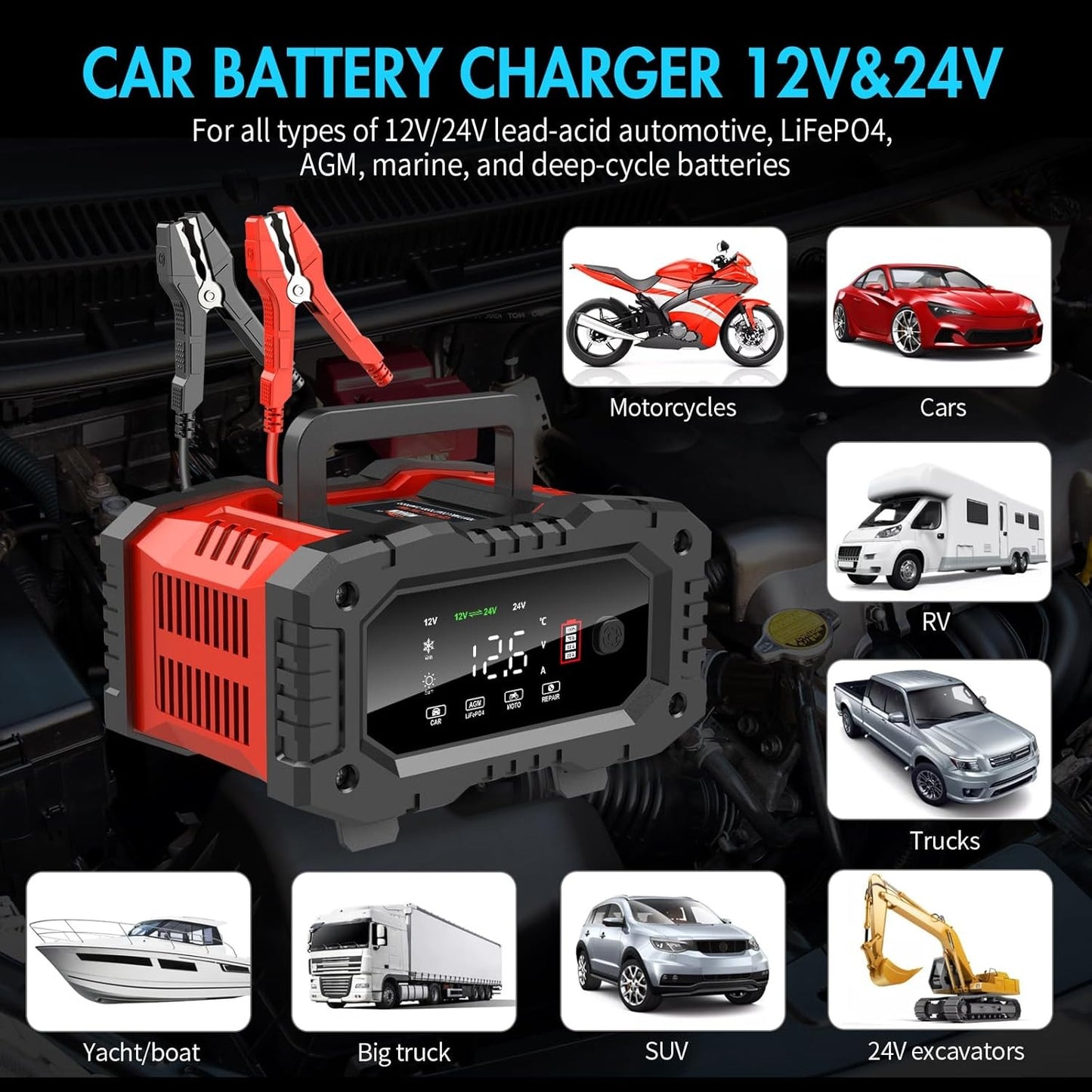 20A 12V 24V 20 Amp Car Battery Smart Charger For Lead Acid LiFePo4 AGM Battery