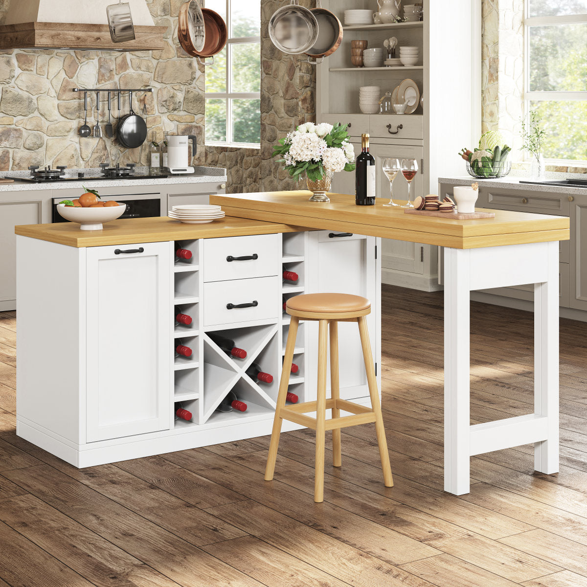 Extendable Sideboard & Dining Table Combo With Wine Rack,  Built-in Trash Bin Compartment And Side Doors With Snack Storage Racks, White