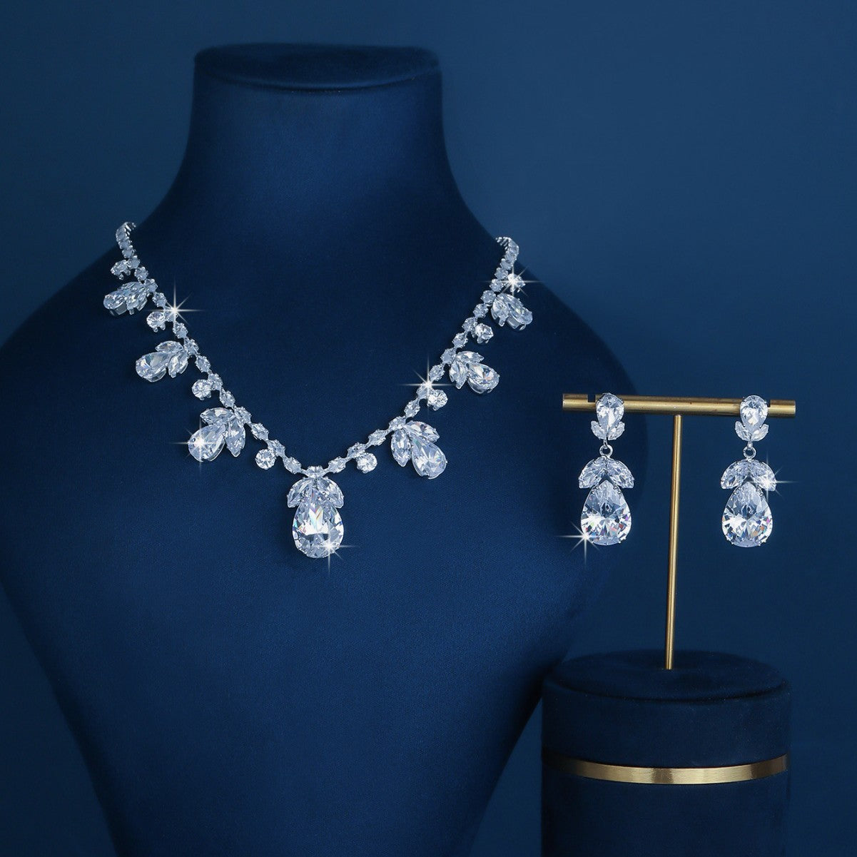 Pink Teardrop Cubic Zirconia Leaf 2Pcs Jewelry Set, Gold Plated Elegant Bridal Necklace & Drop Earrings, Wedding Banquet Formal Accessories For European Spanish Women