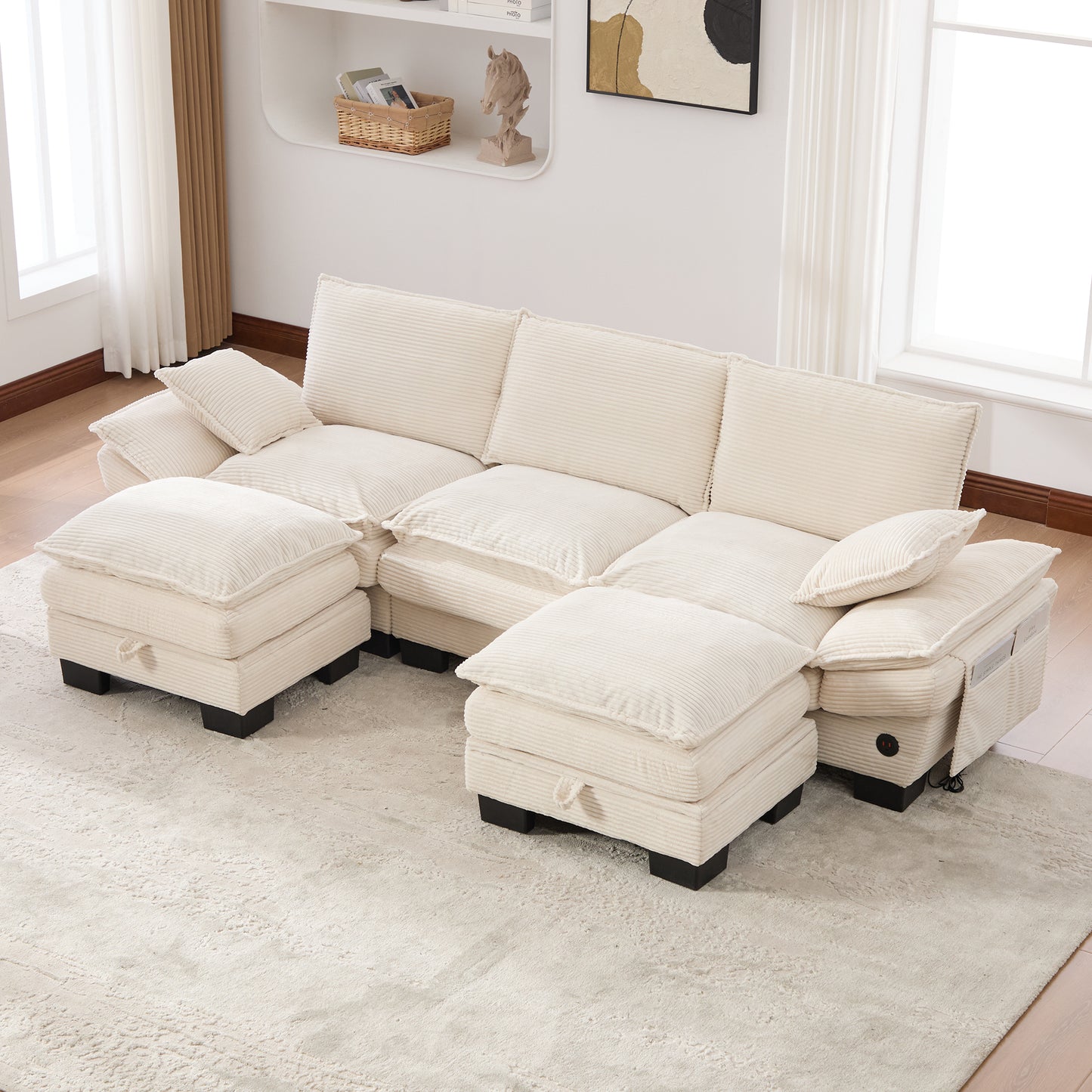 Modular 3-seater Corduroy Sofa  With 2 Stools  Wide Seat, Ergonomic Design, High-density Foam Padding, USB-C Port And Side Pockets. Ideal For Living Room, Office Or Lounge.Beige