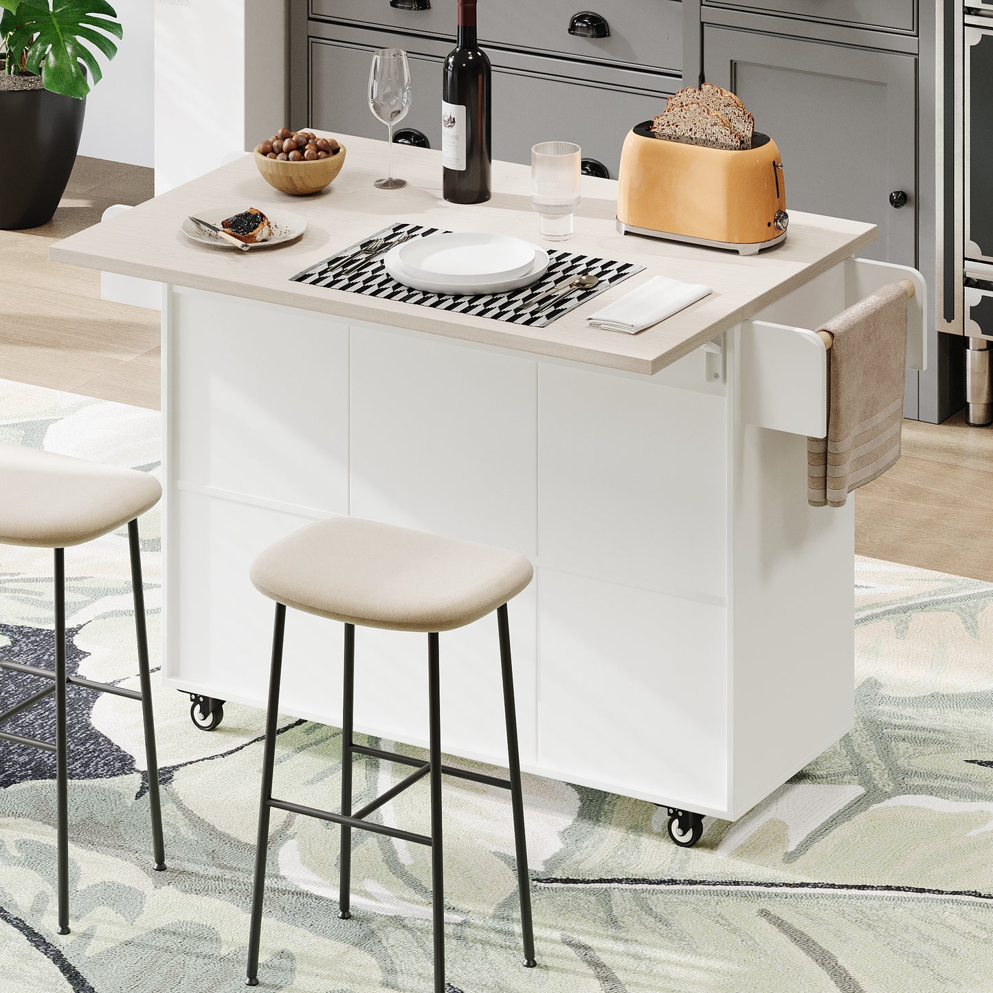 K&K Kitchen Island With Trash Can Storage Cabinet, Kitchen Cart With Drop Leaf, Spice Rack, Towel Rack And Drawer, Rolling Kitchen Island On Wheels With Adjustable Shelf, White