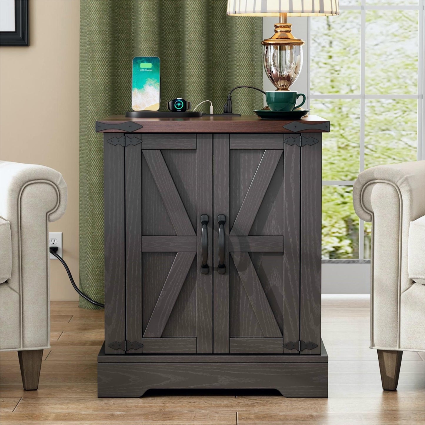 ON-TREND Farmhouse End Table With Charging Station, Rustic Wood Nightstand With Adjustable Shelf, 19.6W Versatile Walnut Sofa Side Table With Barn Doors & Retro Hinges For Bedroom, Living Room, Grey