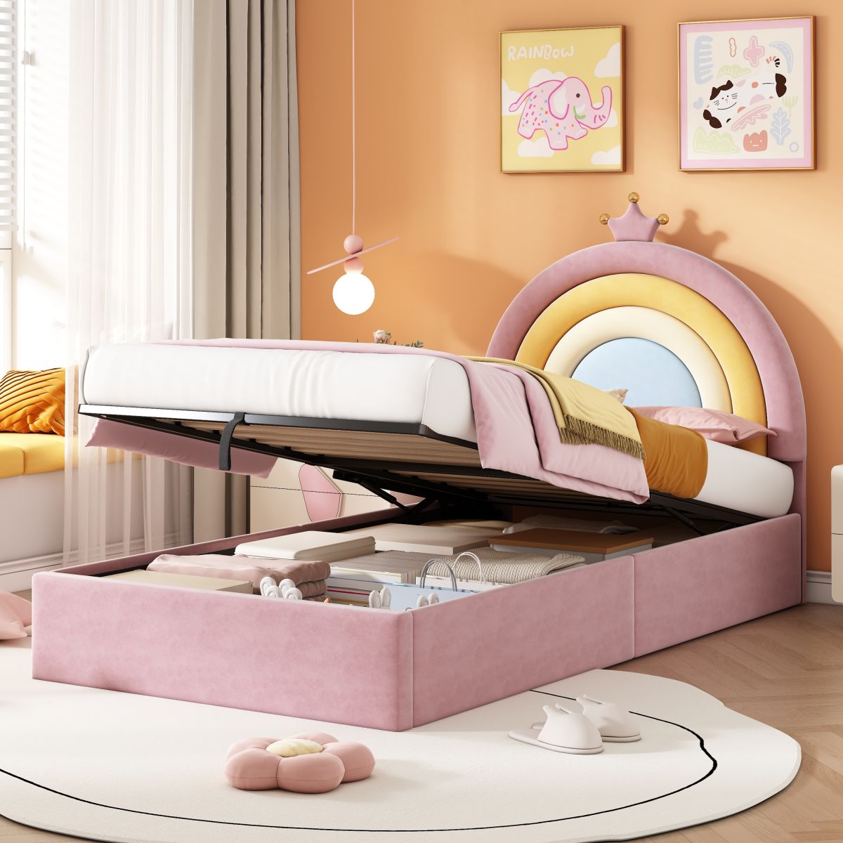 3ft Single Upholstered Hydraulic Bed With Adjustable Rainbow Headboard, Soft Velvet Bed Frame With Hydraulic Storage, Stylish Rainbow Headboard With Crown, No Box Spring Needed, Pink.   No Mattress