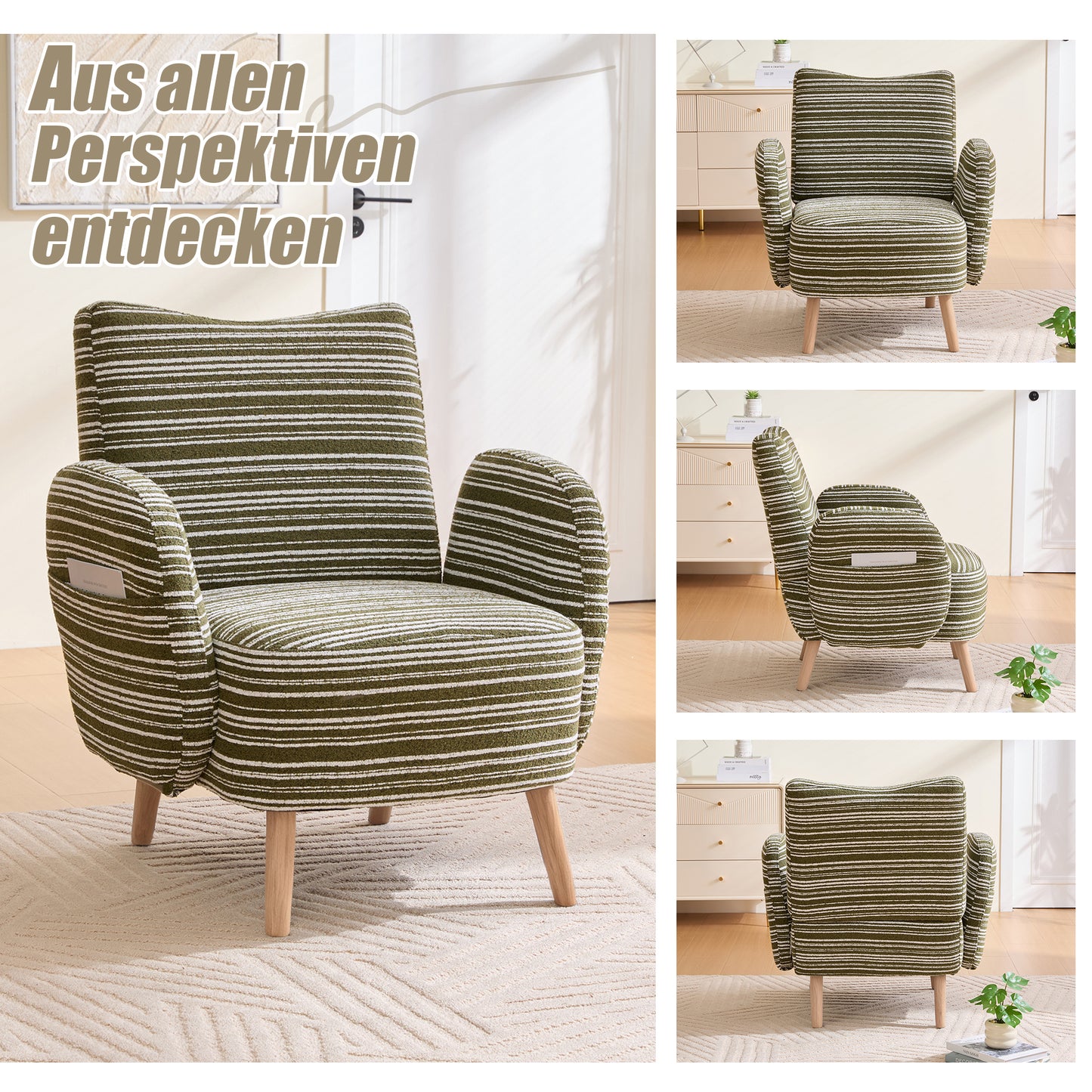 Modern Armchair, Fabric With Circle Pattern, With Side Pocket, Solid Wood Legs, Comfortable Reading Chair, Living Room, Bedroom, Office Olive Green Boucle