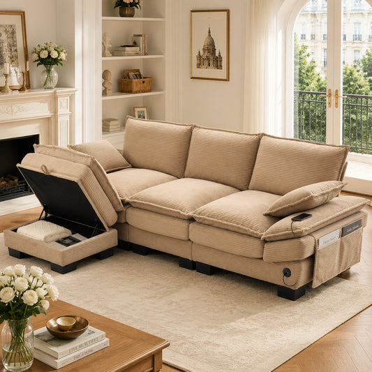 Modular 3-seater Corduroy Sofa  With 1 Stool Wide Seat, Ergonomic Design, High-density Foam Padding, USB-C Port And Side Pockets. Ideal For Living Room, Office Or Lounge.Khaki