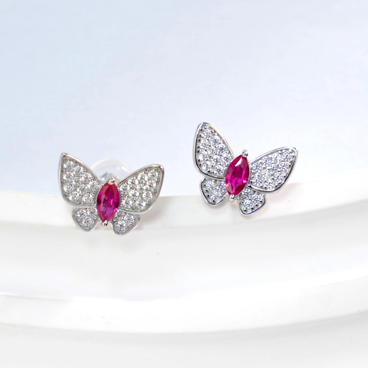 S925 Sterling Silver Butterfly Stud Earrings, 5x2.5mm Marquise Lab-Grown Ruby Sapphire Emerald, Platinum Plated 1.7g Fine Jewelry Gift Box