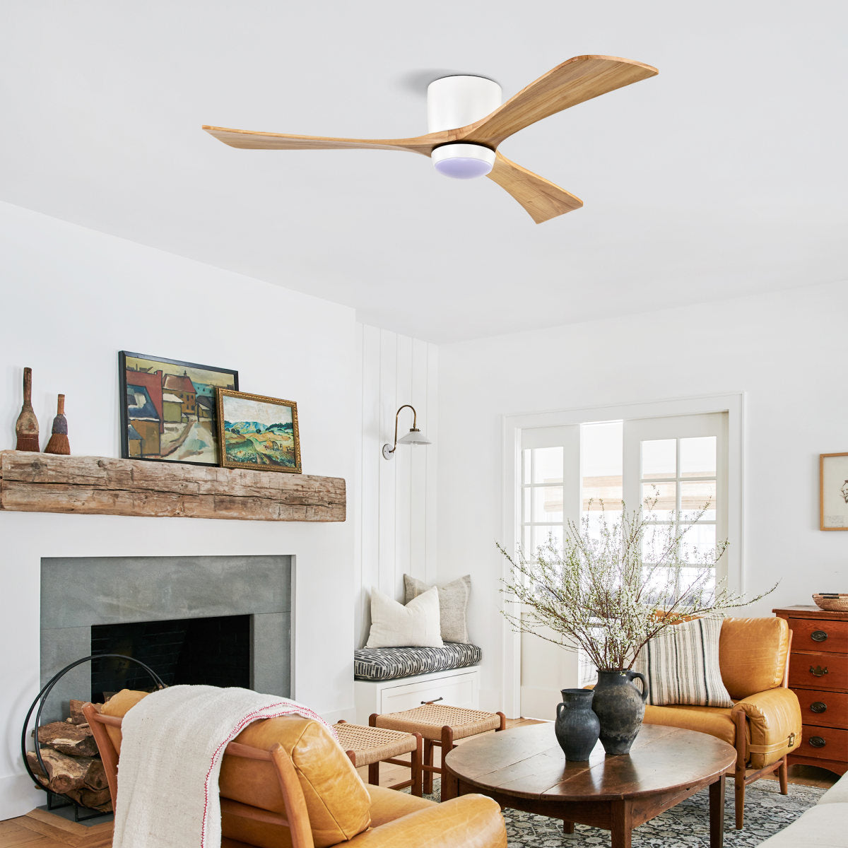 52  Flush Mount Solid Wood Blades Ceiling Fan With Lights Remote Control,Quiet DC Motor, 6 Speed ,Reversible Ceiling Fan For Patio Living Room, Bedroom, Office,Indoor. Matte White  Natural