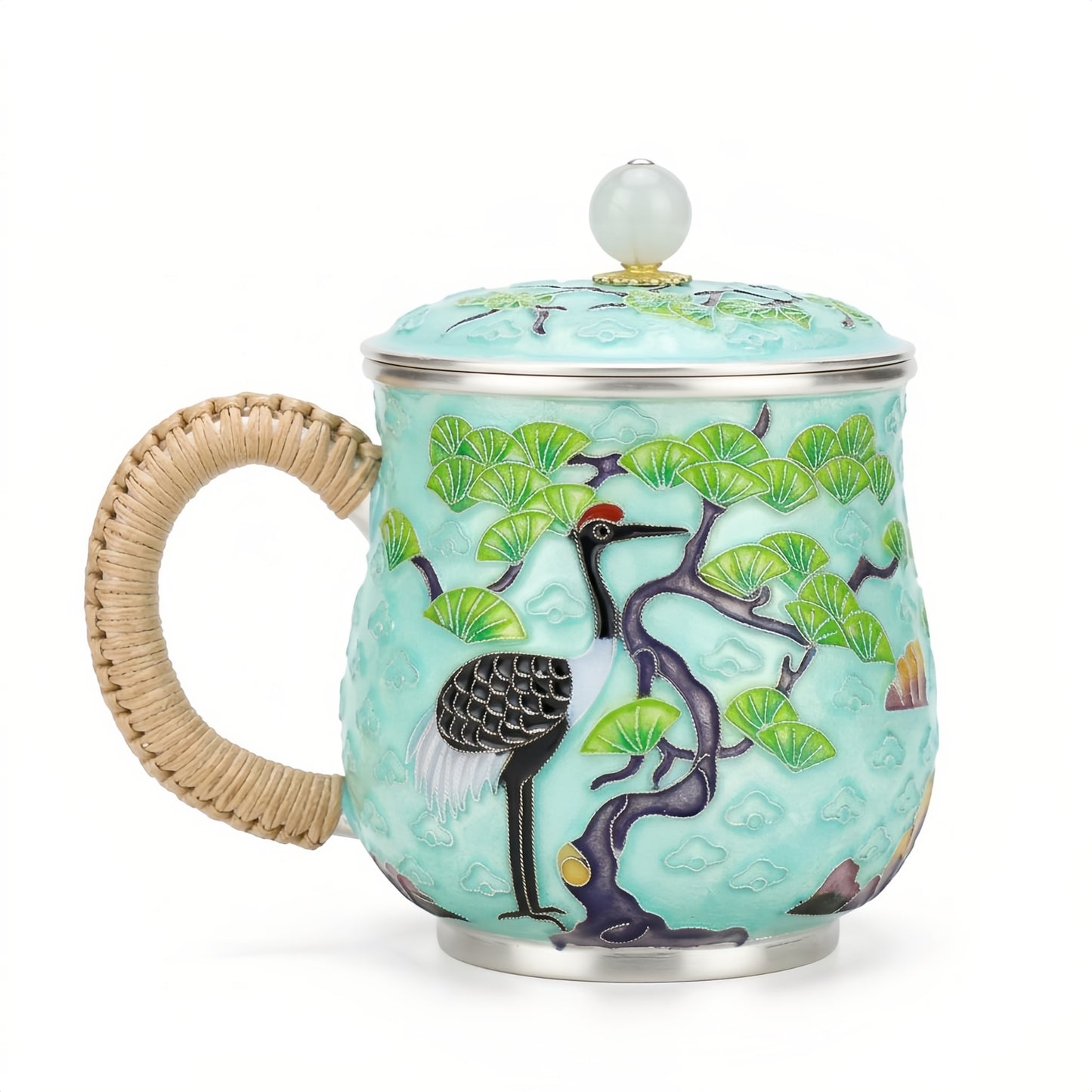 Pure 999 Fine Silver Ornate Cloisonné Crane Tea Mug with Woven Handle and Pearl Lid - Handicraft