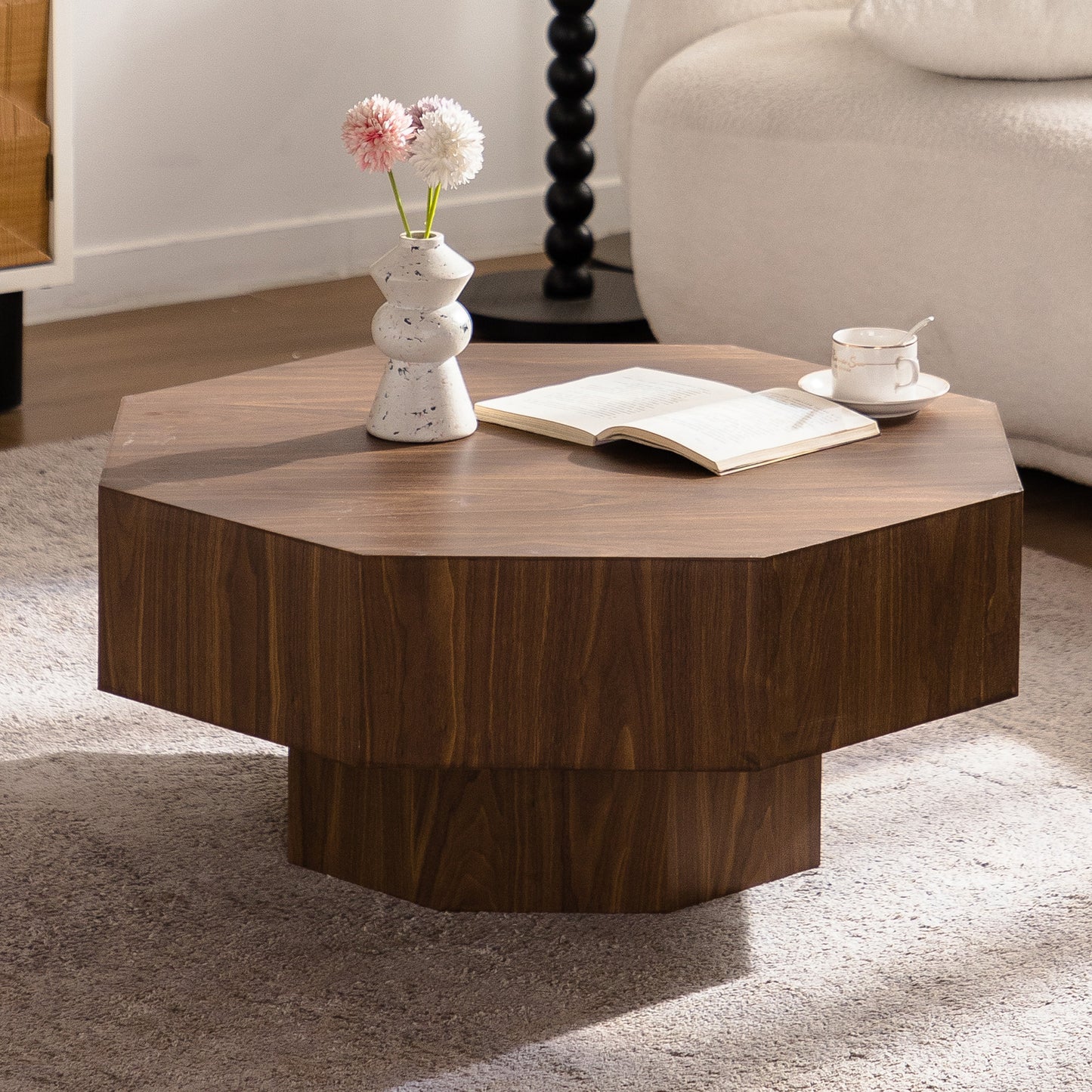 30.51 Inch Coffee Table Wooden Octagonal-Shaped For Living Room Walnut Suitable For Bedroom, Living Room, Office