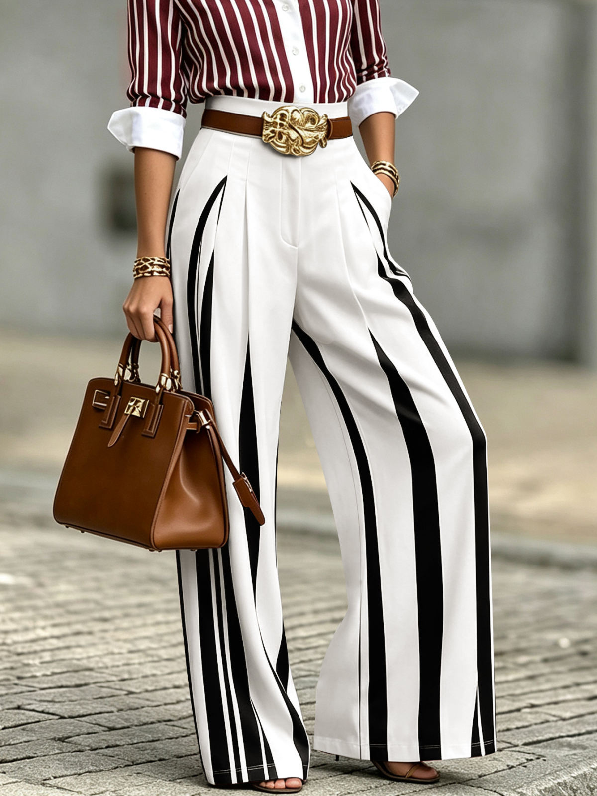 Women High Waist Pleated Wide Leg Dress Pants, Elegant Vertical Contrast Stripes Draped Straight Suit Trousers, Casual Street Fashion Office Work Long Trousers With Pockets
