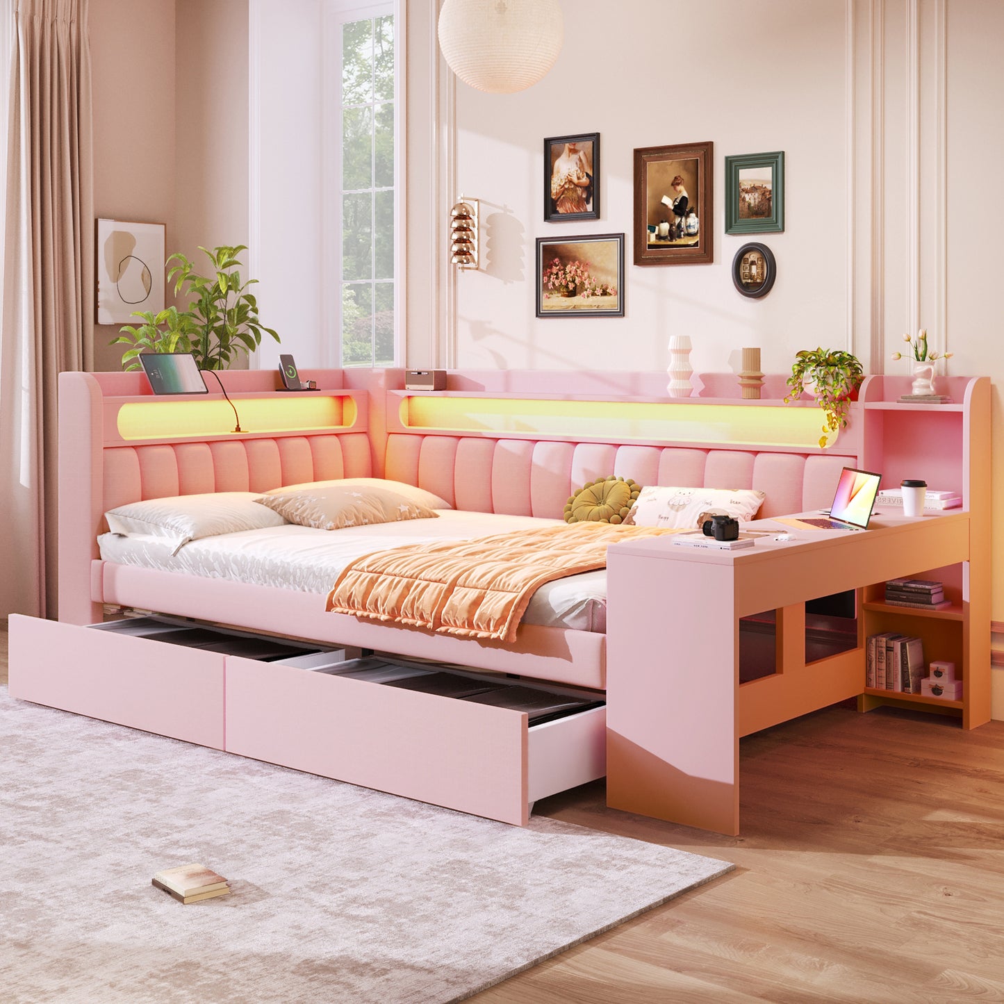 140x200 Padded Daybed With USB Ports And LED Belt, With Desk And 2 Drawers, Pink