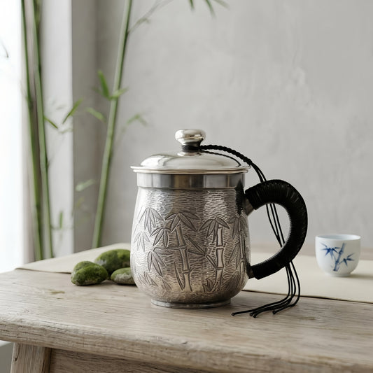 925 Sterling Silver Artisanal Silver Hammered Tea Infuser Mug with Embossed Bamboo and Leather Wrapped Handle - Handicraft