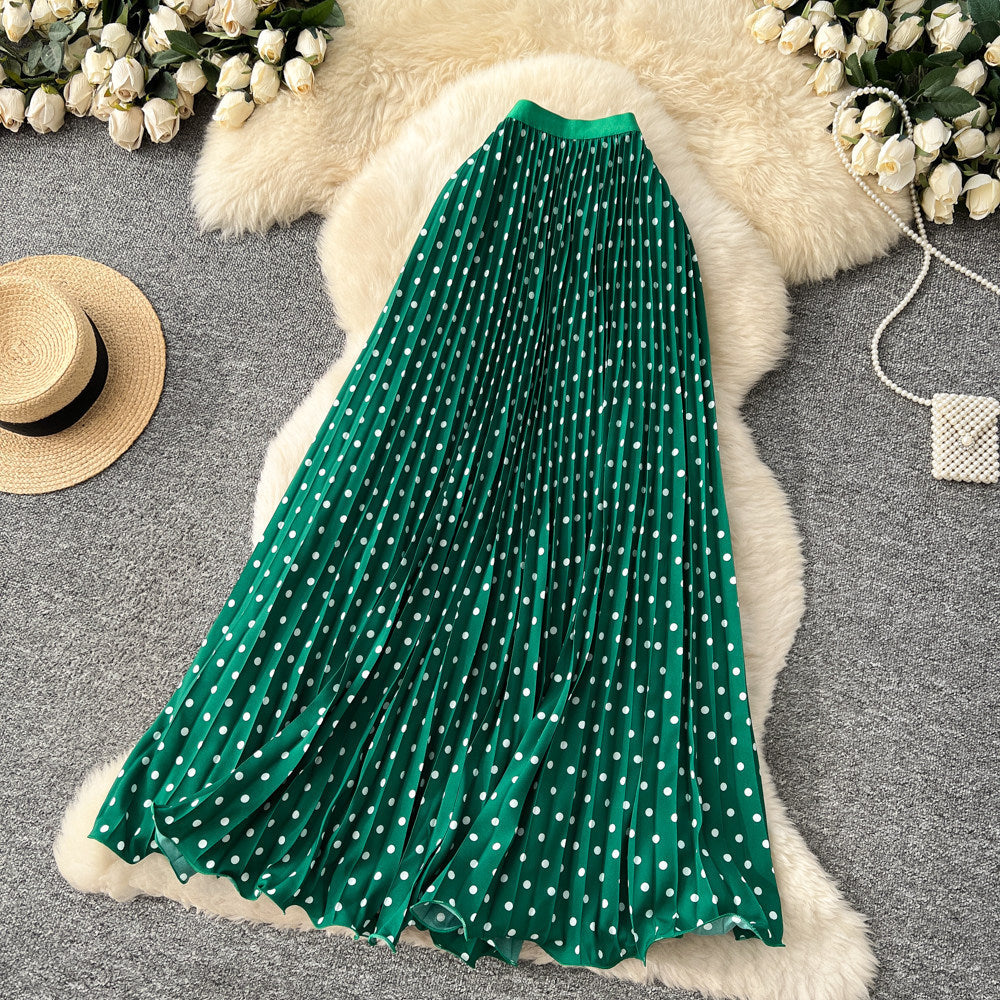 Korean-style Mid-length Polka-dot Pleated Skirt Elegant Midi Skirt